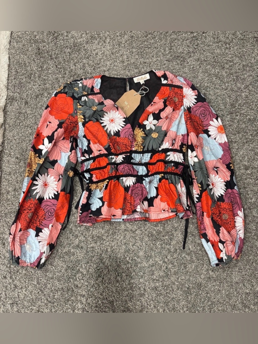 Listicle Black Multi Floral V-Neck Ruffled Peplum Blouse